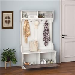 HU10448WH 3-in-1 Coat Rack with Entryway Bench & Hooks & Enclosed Cabinet, White