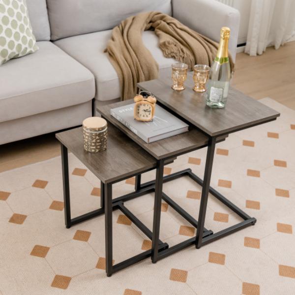 JV11186OA Multifunctional Coffee End Table Set, Oak - 3 Piece