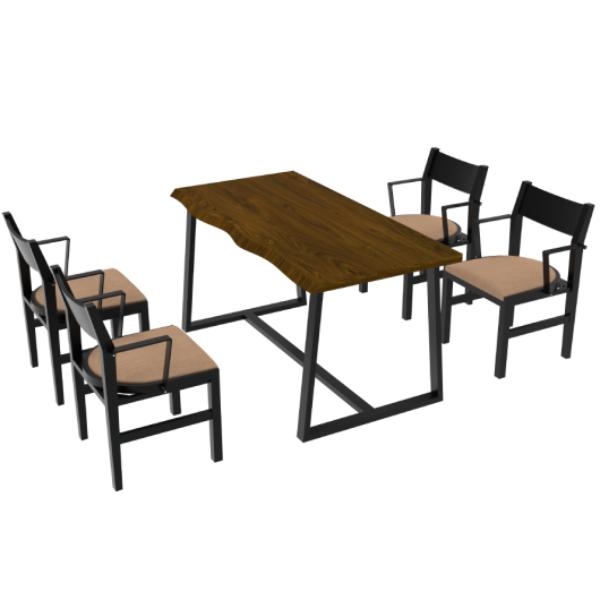 JV11565CF-2-JV11568CF 4-Person Dining Table Set with Chairs & Bench-Irregular Design, Dark Wood & Brown - 4 Piece