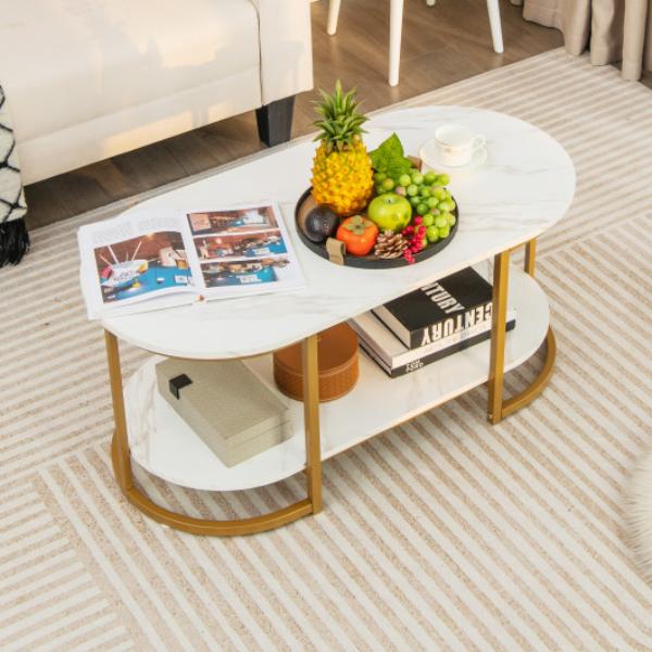 JV11234WH Marble Coffee Table with Open Storage Shelf, White