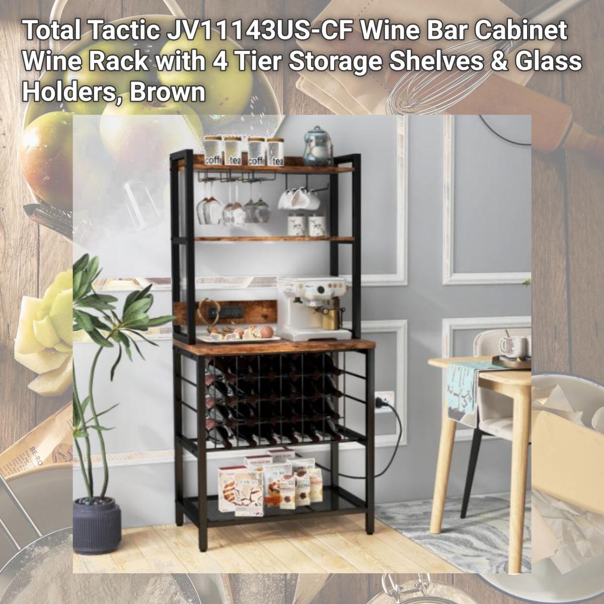 Picture of Total Tactic JV11143US-CF Wine Bar Cabinet Wine Rack with 4 Tier Storage Shelves & Glass Holders, Brown