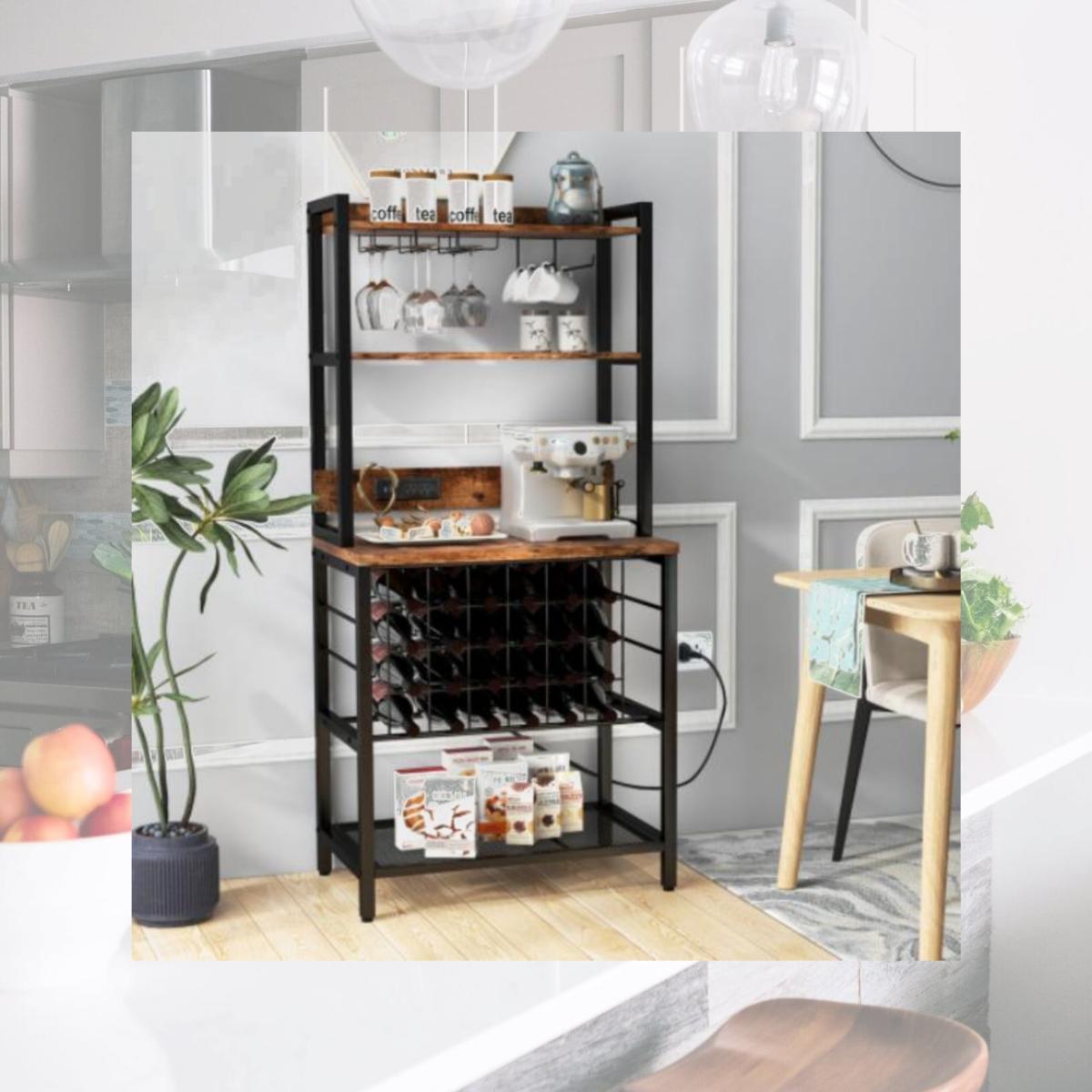 Picture of Total Tactic JV11143US-CF Wine Bar Cabinet Wine Rack with 4 Tier Storage Shelves & Glass Holders, Brown