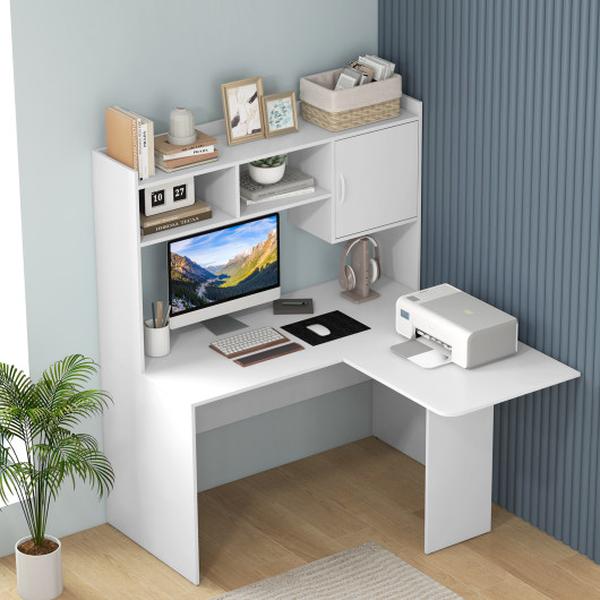 CB10681WH L-Shaped Desk Corner Computer Desk with Open Storage Hutch & Cabinet, White