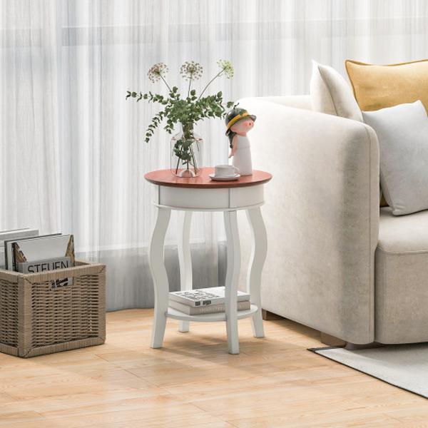 JV11599WH 2-Tier Round End Table with Storage Shelf & Solid Rubber Wood Legs, Walnut & White