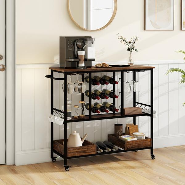 JV11558CF 3-Tier Bar Cart on Wheels with Glass Racks, Rustic Brown