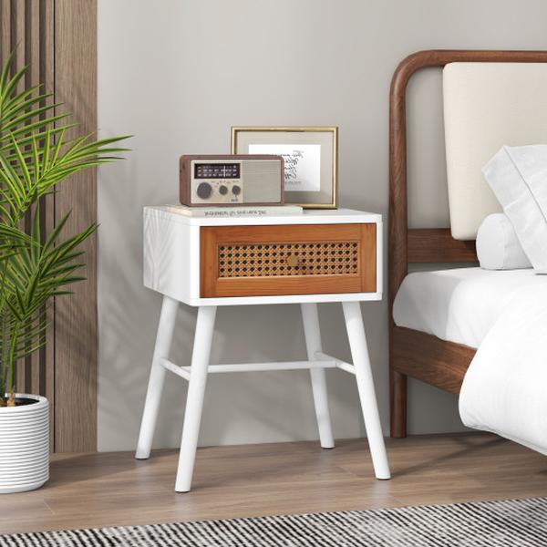 HU10437WH Rattan Nightstand Mid Century Modern Accent Table with Drawer, White