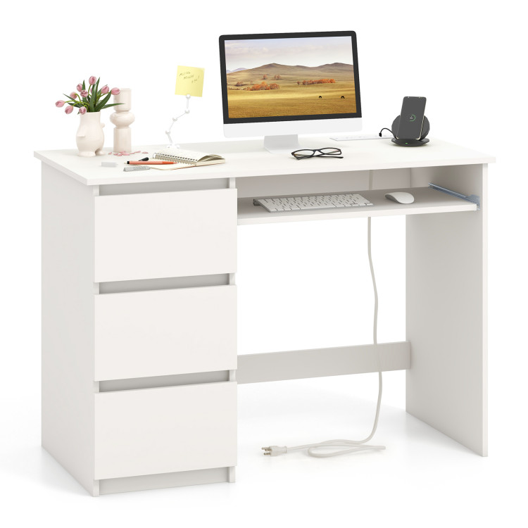 CB10702US-WH Computer Desk with Power Outlet Keyboard Tray & 3 Large Drawers - White