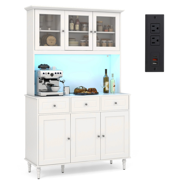 JV11631US-WH 77 in. Kitchen Pantry Storage Cabinet with LED Lights & Power Outlets - White