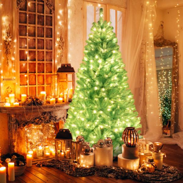 CM24963US-L Blue Artificial Christmas Tree with 280-380 Warm White LED Lights & Foldable Metal Stand - 7 ft.