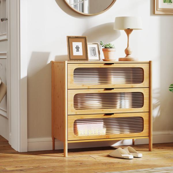 JV11257NA Mid Century Modern 3 Drawer Chest with Reeded Tempered Glass Front - Natural