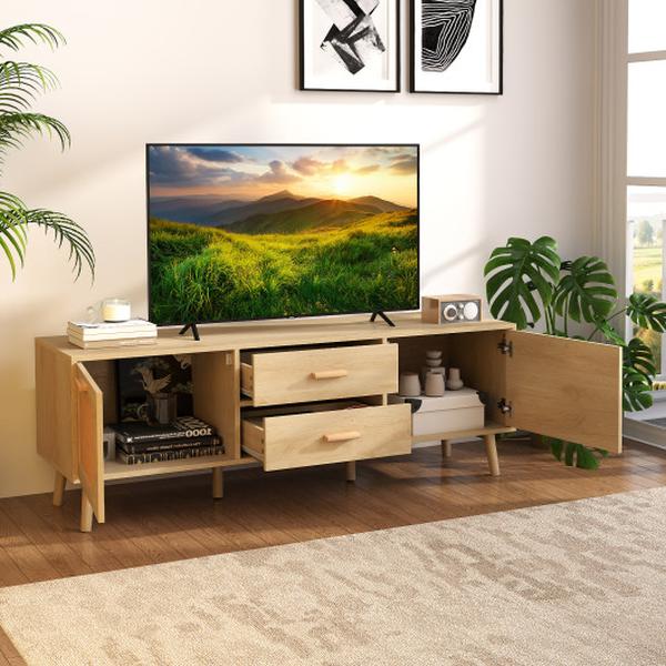 HV10603NA Rattan TV Stand with Drawers & Solid Wood Legs for 65 in. TVs - Natural