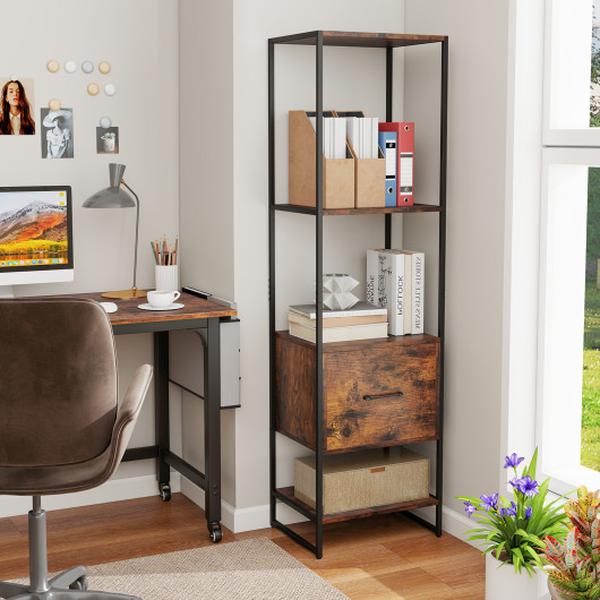 JV11923CF 5-Tier Narrow Bookcase with 4 Open Shelves & Storage Drawer - Rustic Brown