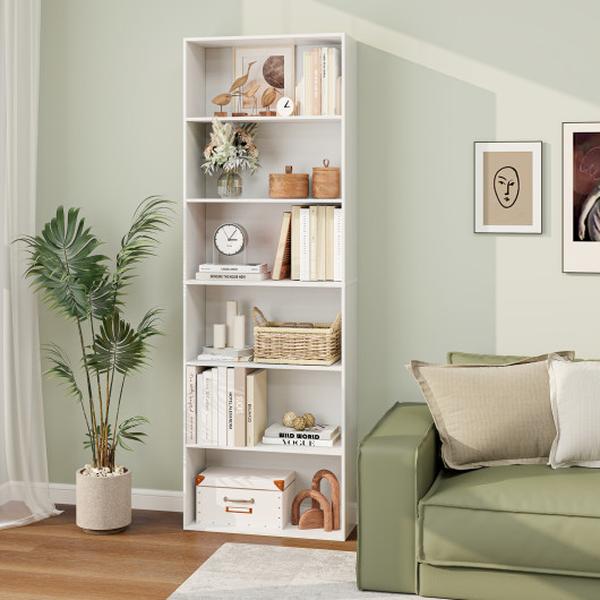 CB10806WH 6-Tier Bookcase with 6 Open Shelves & Anti-Toppling Kits - White