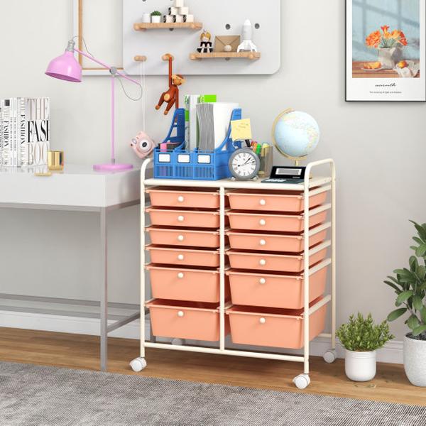 HW56500PF 12-Drawer Rolling Storage Cart with Removable Drawers & Lockable Wheels - Peach