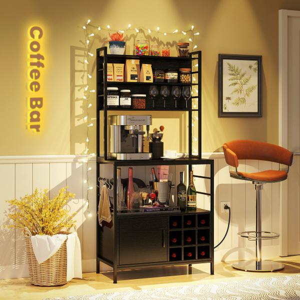 Picture of Costway JV11553US-DK Coffee Bar Cabinet with S-Shaped Hooks & Wine Bottle Holders - Black
