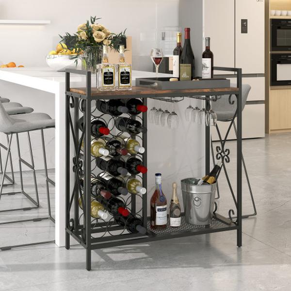 Picture of Costway JV12128CF 21 Freestanding Floor Wine Bottle Organizer with Glass Holder - Rustic Brown
