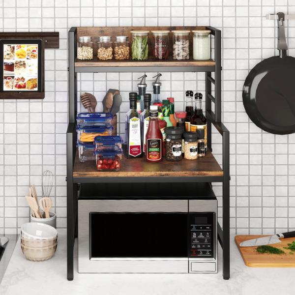 Picture of Costway JV11545CF 3-Tier Microwave Stand with 2 Open Shelves & Heavy-Duty Metal Frame - Rustic Brown