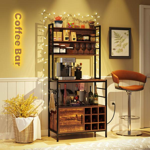 Picture of Costway JV11553US-CF Coffee Bar Cabinet with S-Shaped Hooks & Wine Bottle Holders - Rustic Brown