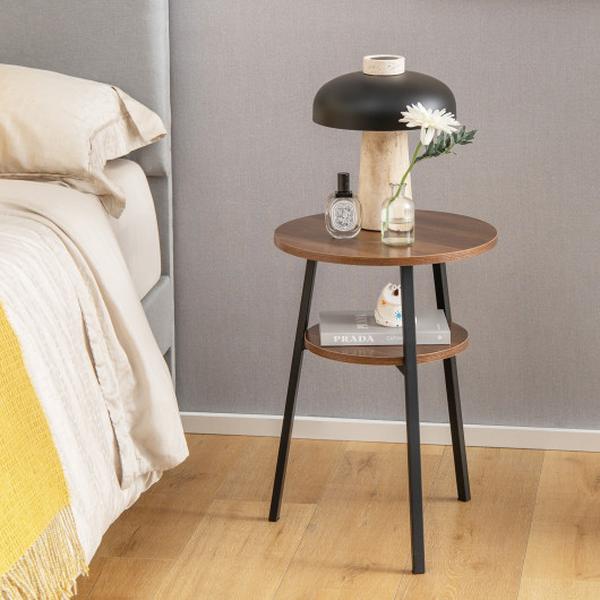JV10806WT-2 2-Tier Round End Table with Open Shelf & Triangular Metal Frame - Walnut - Set of 2