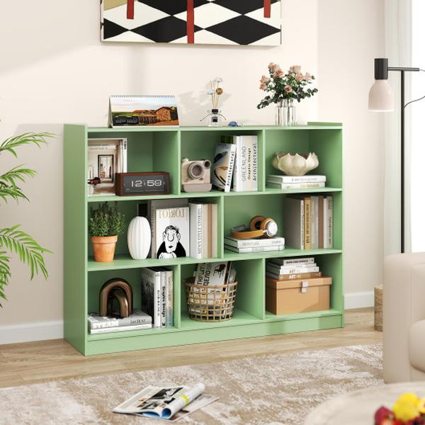 CB10658OG 3-Tier Open Bookcase with 8-Cube Floor Standing Storage Shelves - Green