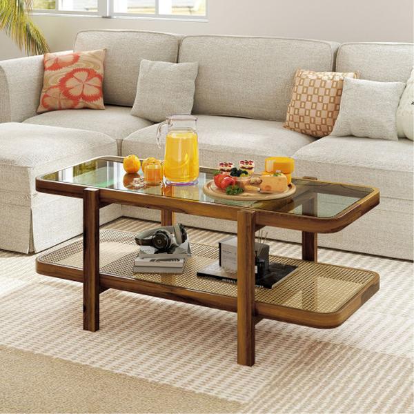 JV12150BN 2-Tier Coffee Table with Storage & Tempered Glass Tabletop - Brown