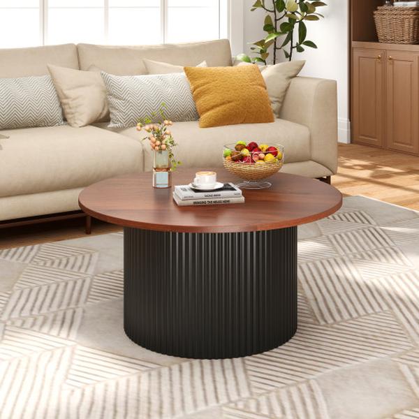 JV12631WN Round Coffee Table with Solid Wood Frame & Wooden Top - Walnut