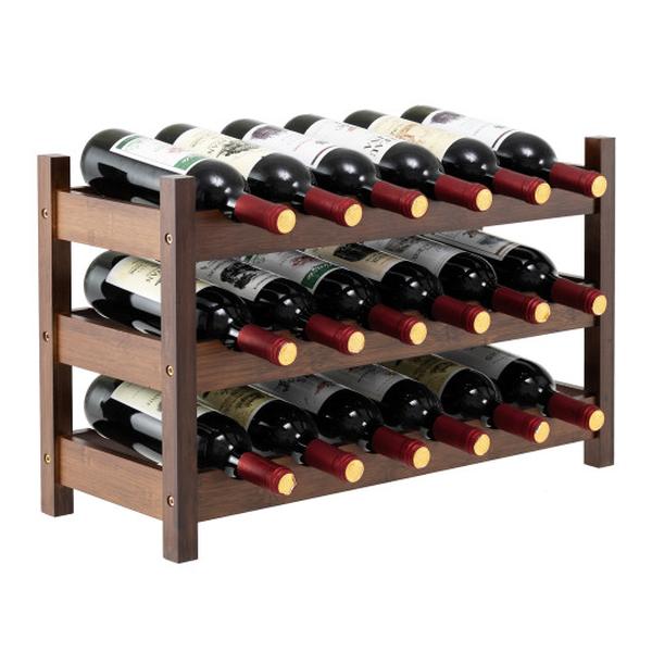 Picture of Costway KC57137CF 3-Tier Bamboo Freestanding Countertop Wine Bottle Organizer - Coffee