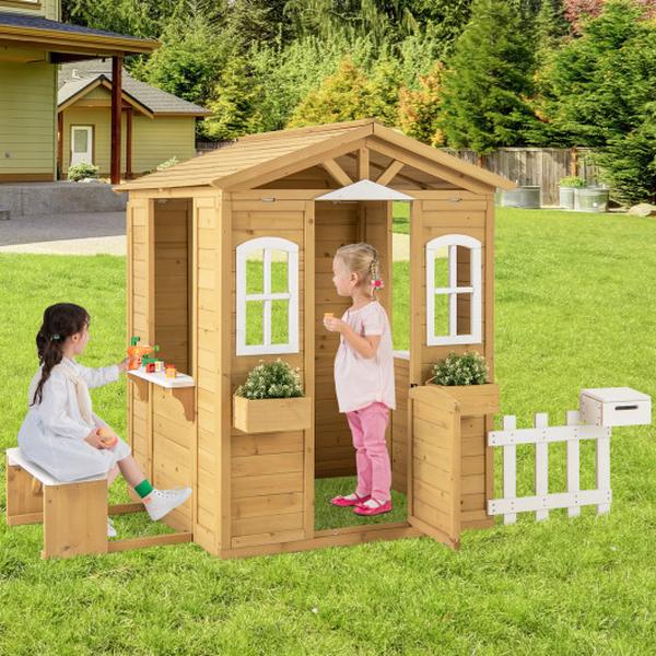 TS10216 Wood Playhouse with Bench & Serving Stations for 2 & Up Years Old Kids
