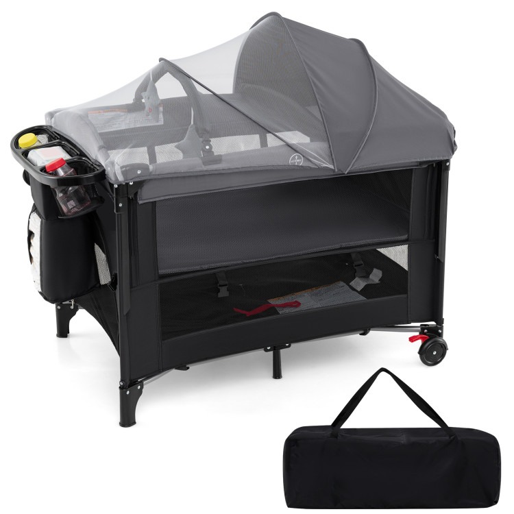 BE10061DK Foldable Baby Bassinet with 4 Adjustable Heights Changing Table & Mattress - Black
