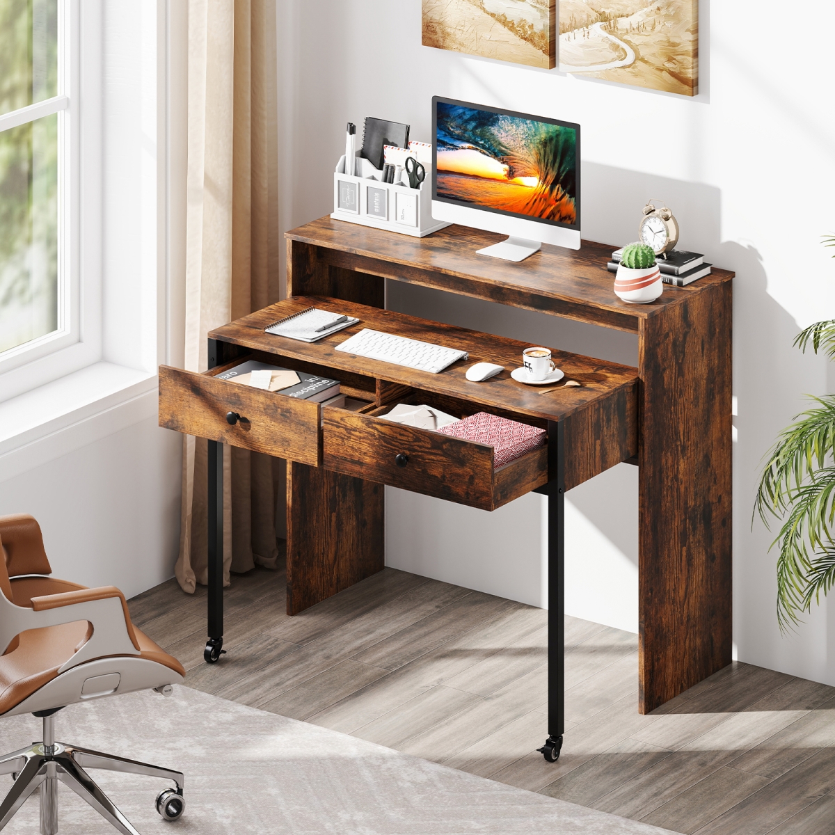 CB10922CF Extendable Computer Desk with 2 Storage Drawers Convertible Home Office Rolling Study Writing - Rustic Brown