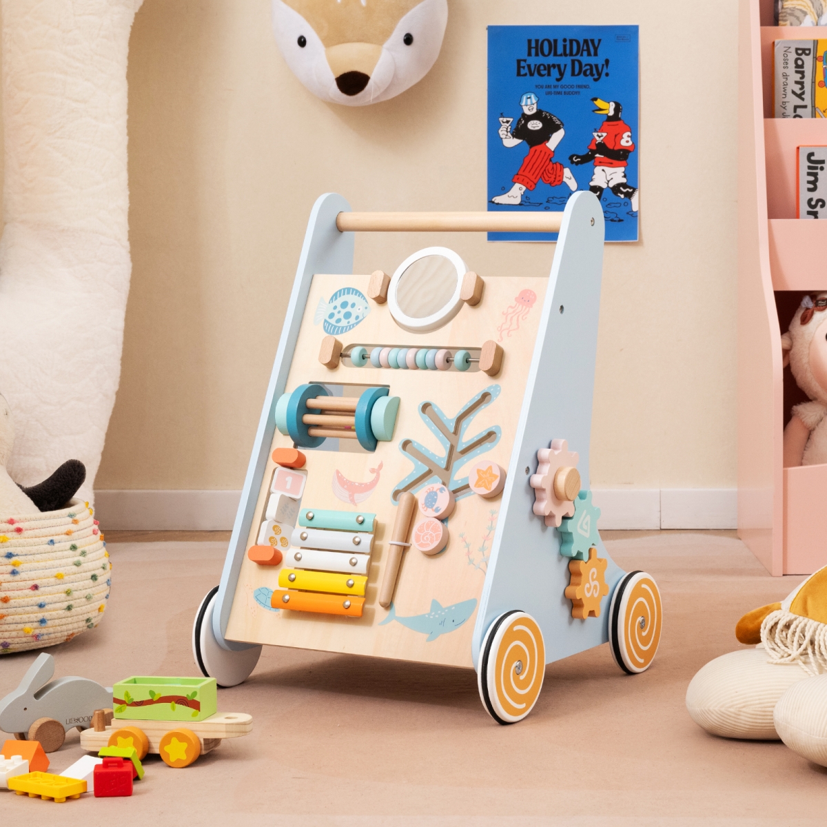 BC10286BL Wooden Baby Walker Push & Pull Learning Activity Center with Wheels - Blue