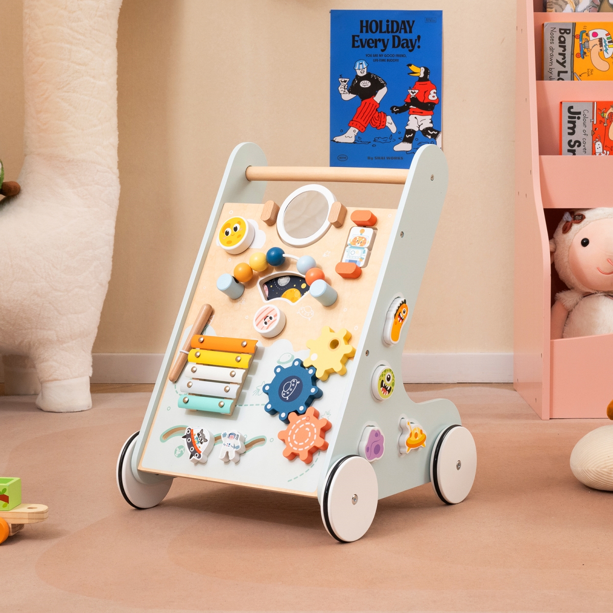 BC10287GN Wooden Baby Walker Push & Pull Learning Activity Center with Wheels for Toddlers 1 Plus Years Old - Green