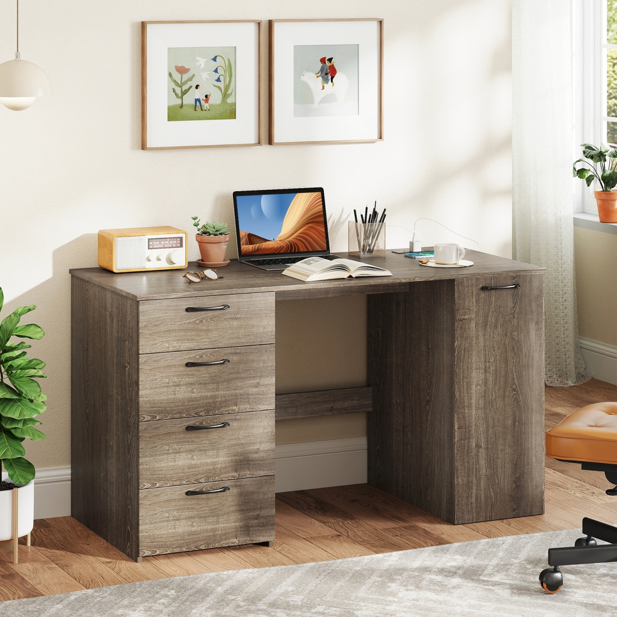 CB10860US-GR- 53 in. Computer Desk with Power Outlets & 4 Storage Drawers - Gray