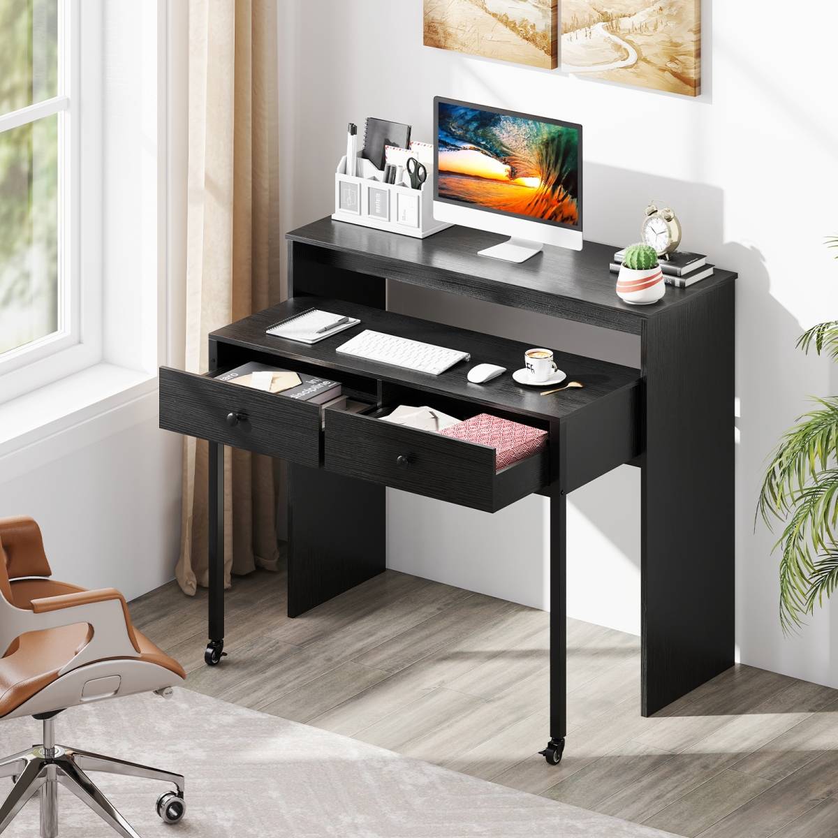 CB10922DK Extendable Computer Desk with 2 Storage Drawers Convertible Home Office Rolling Study Writing - Black
