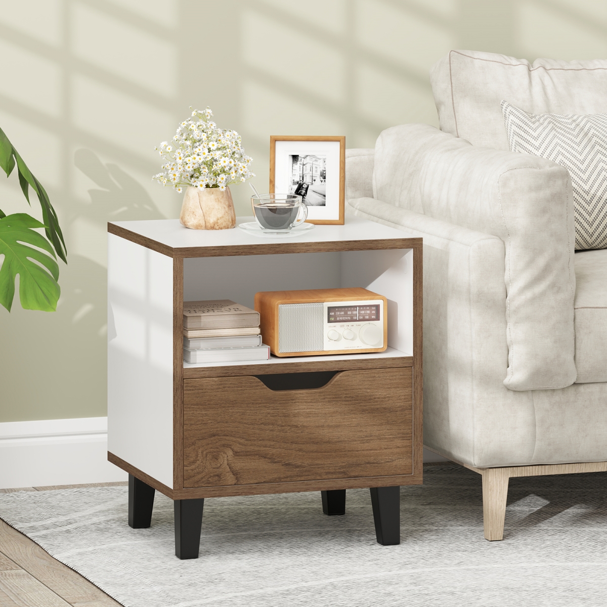 HU10758WH-1 Nightstand with Drawer & Open Storage Shelf for Bedroom - White