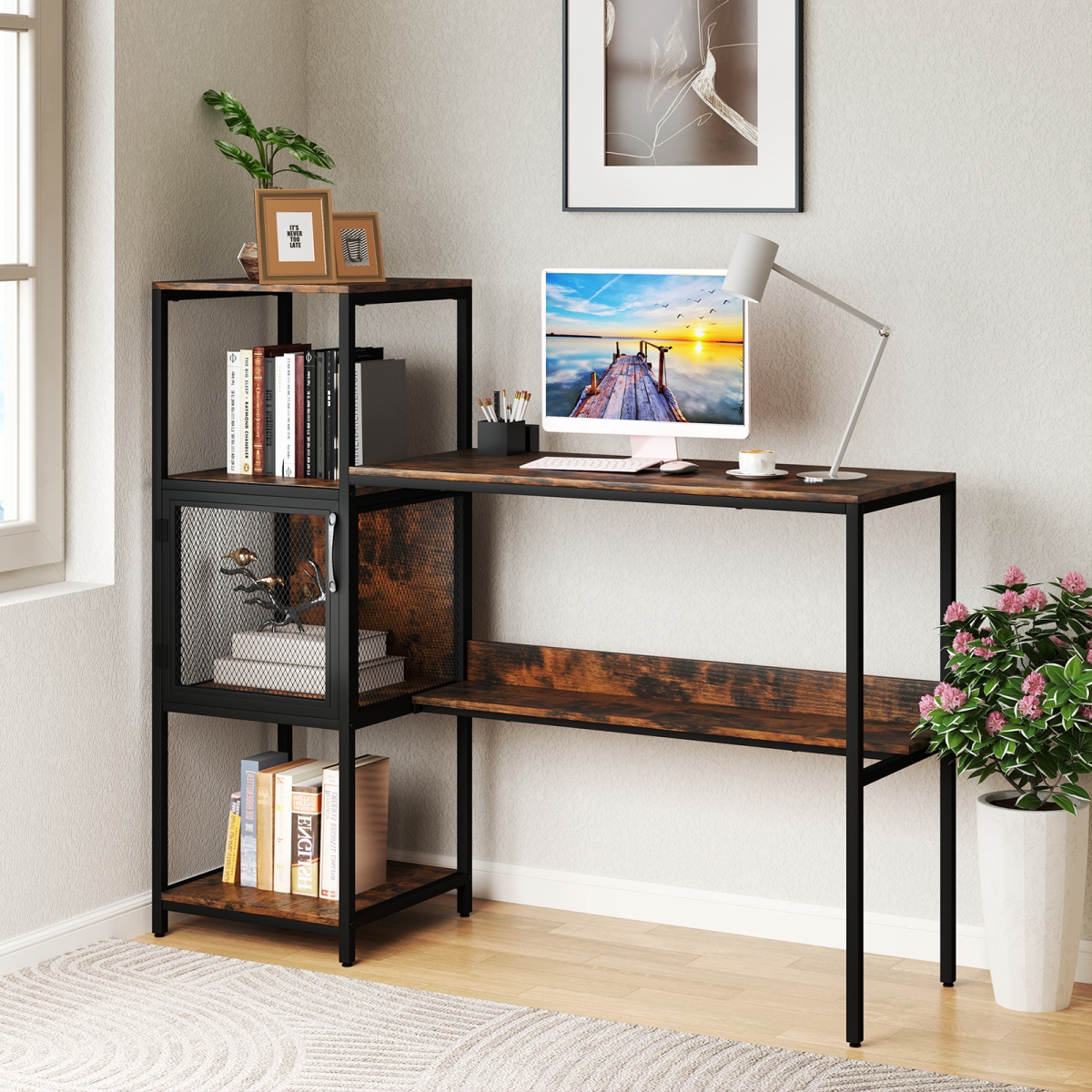 JV12166CF Computer Desk with Bookshelf Home Office Desk with Storage Cabinet & Shelves - Rustic Brown