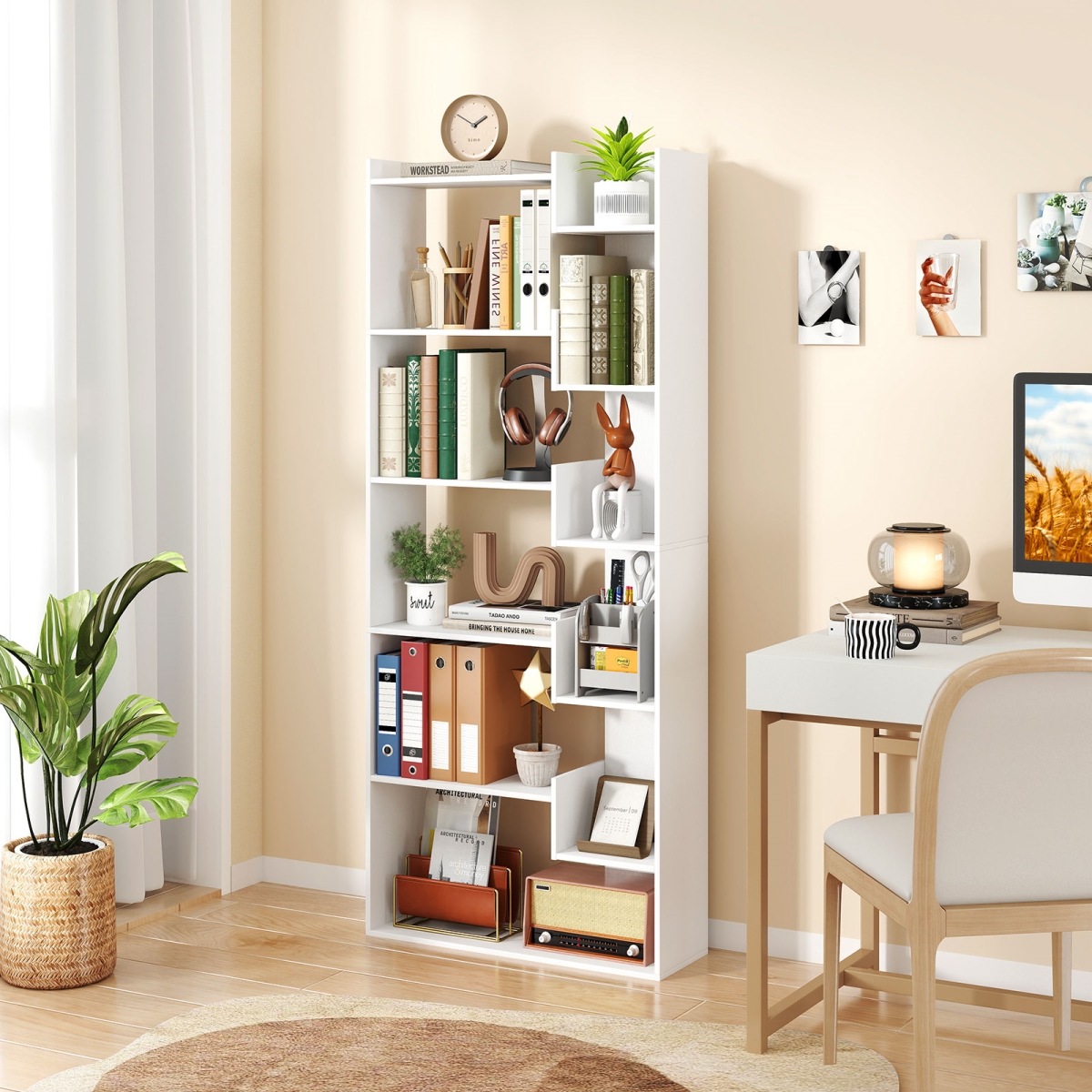 JV12714WH 6-Tier Bookshelf Wooden Bookcase with 2 Anti-Tipping Kits Open Display Shelf - White