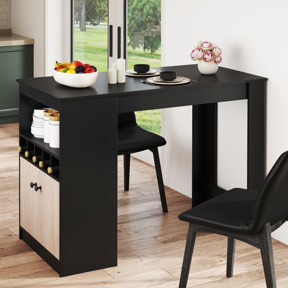 JV12660DK 48 in. Bar Table with Storage Cabinet & Wine Rack - Black