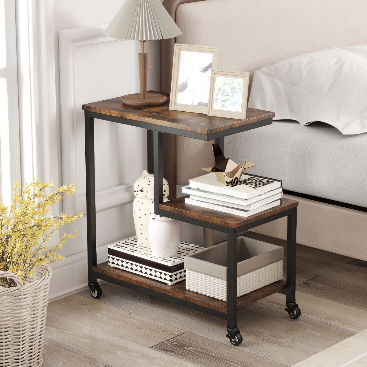 JV11395CF G-Shaped Side Table 3-Tier Mobile End Table with Open Shelves - Rustic Brown