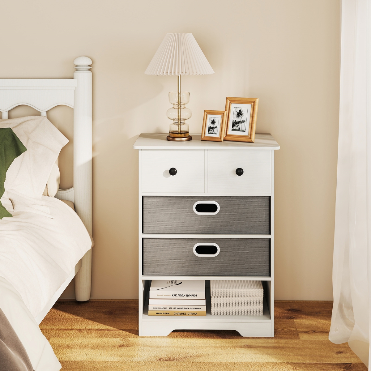 JV12645WH 4 Drawer Dresser Modern Chest Storage Organizer with Open Shelves - White