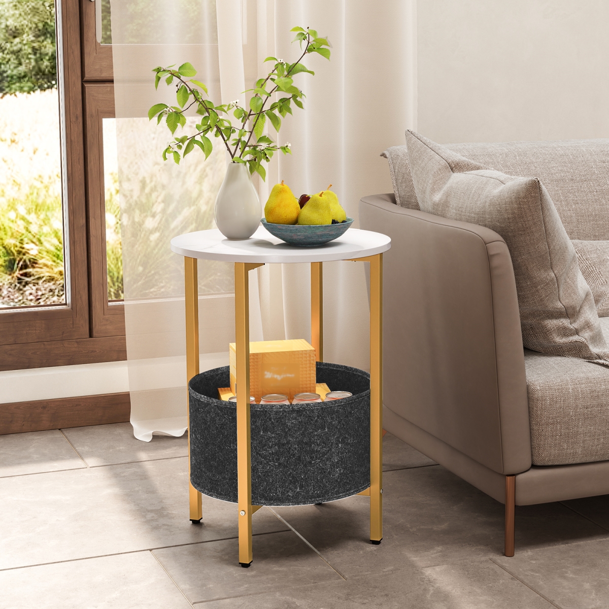 JV12148WH Round End Table 2-Tier Side Table with Removable Fabric Basket & Metal Frame - White