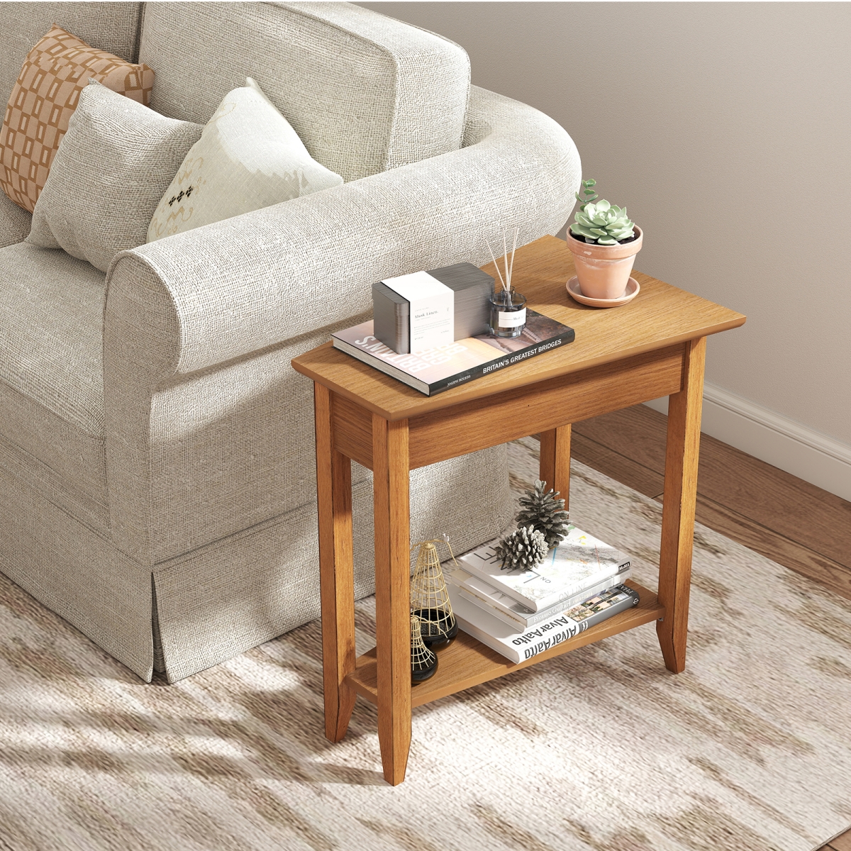 JV11153HT 2-Tier Wedge Narrow End Table with Storage Shelf & Solid Wood Legs - Walnut