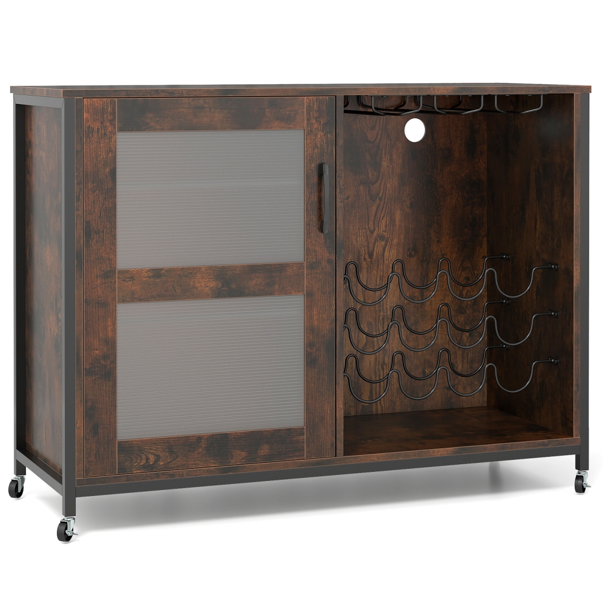 Picture of Costway JV12852US-CF Wine Bar Cabinet with LED Light & Adjustable Shelves - Rustic Brown
