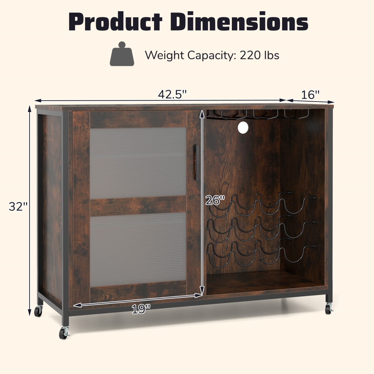 Picture of Costway JV12852US-CF Wine Bar Cabinet with LED Light & Adjustable Shelves - Rustic Brown