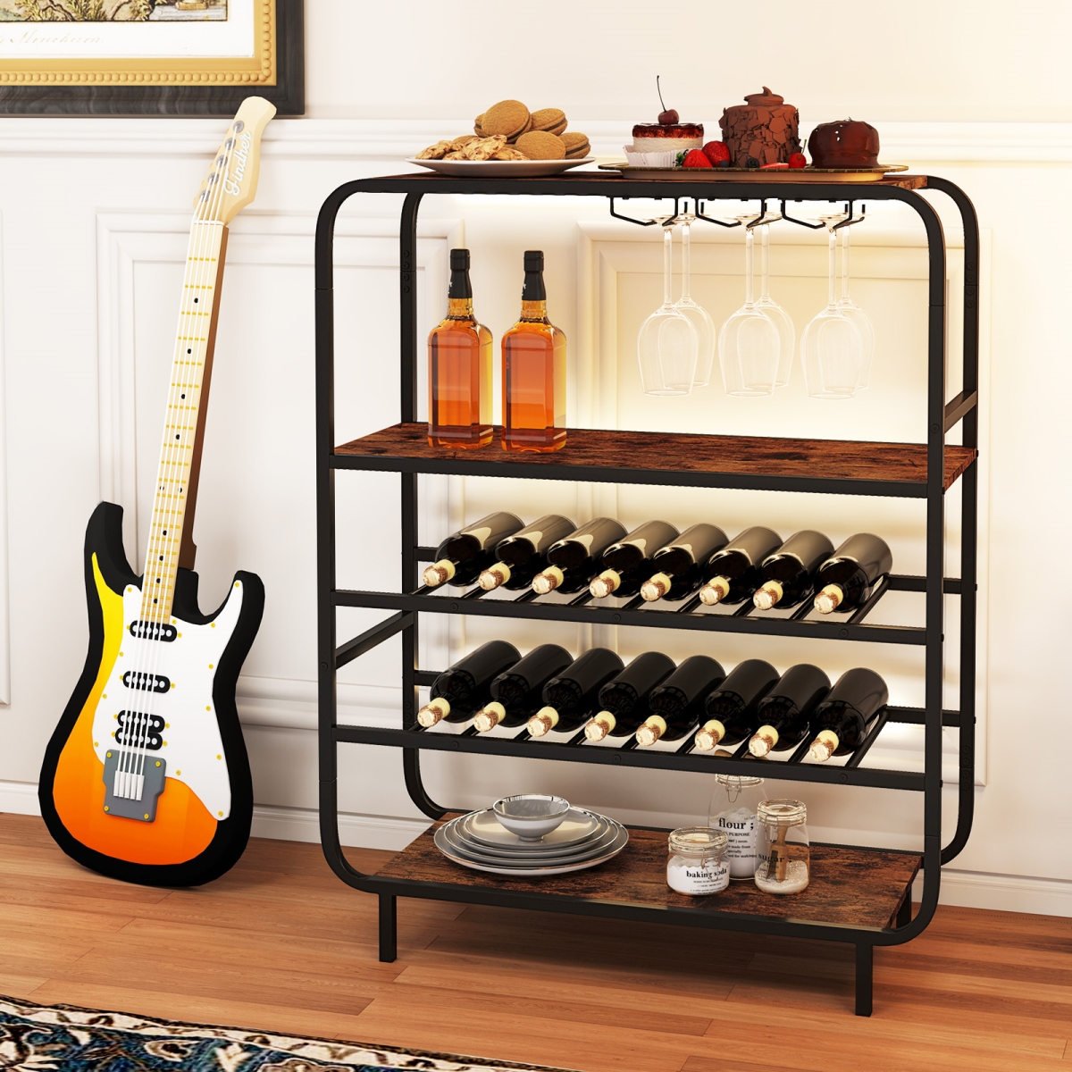 Picture of Costway JV12531CF 16 Bottle Wine Rack with 5-Tier Wine Shelf & Glass Holders for Kitchen Bar - Rustic Brown
