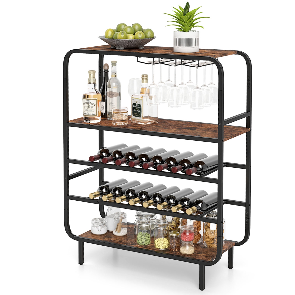 Picture of Costway JV12531CF 16 Bottle Wine Rack with 5-Tier Wine Shelf & Glass Holders for Kitchen Bar - Rustic Brown