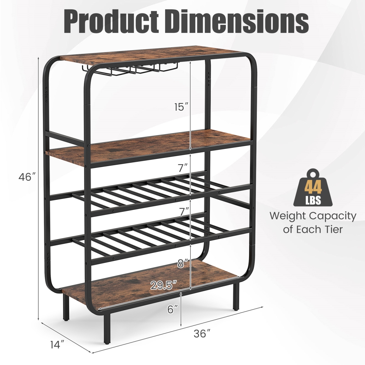 Picture of Costway JV12531CF 16 Bottle Wine Rack with 5-Tier Wine Shelf & Glass Holders for Kitchen Bar - Rustic Brown