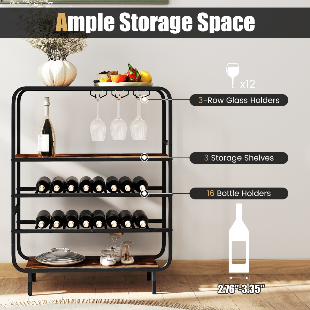 Picture of Costway JV12531CF 16 Bottle Wine Rack with 5-Tier Wine Shelf & Glass Holders for Kitchen Bar - Rustic Brown