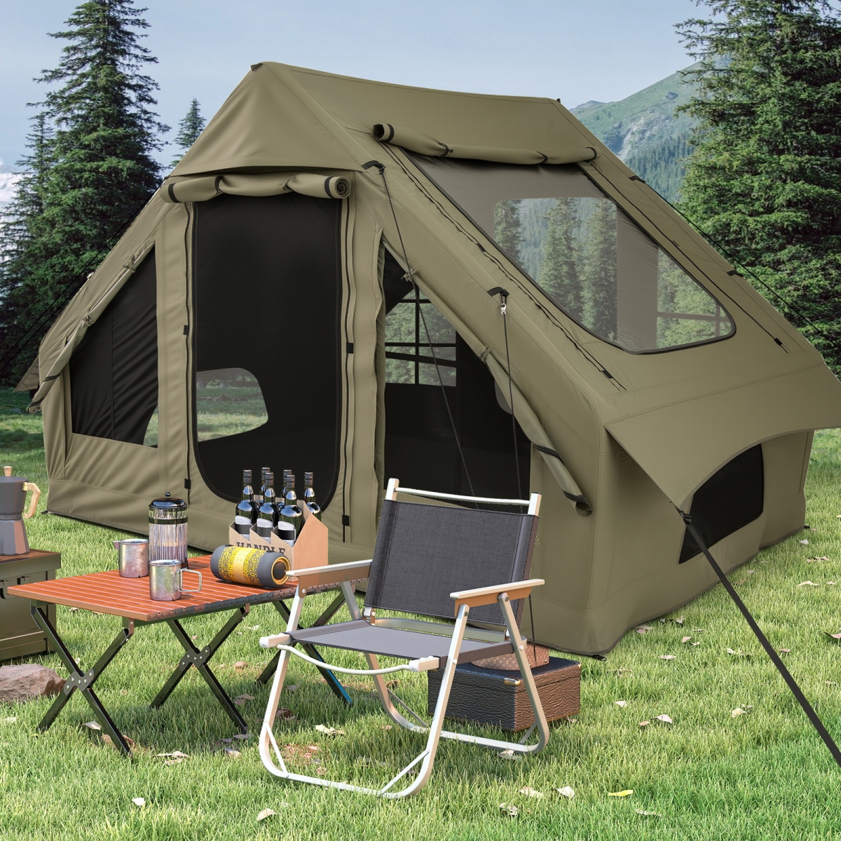 NP12691GN 4-6 People Inflatable Camping Tent with 4 Mesh Screen Windows & 2 Doors - Green