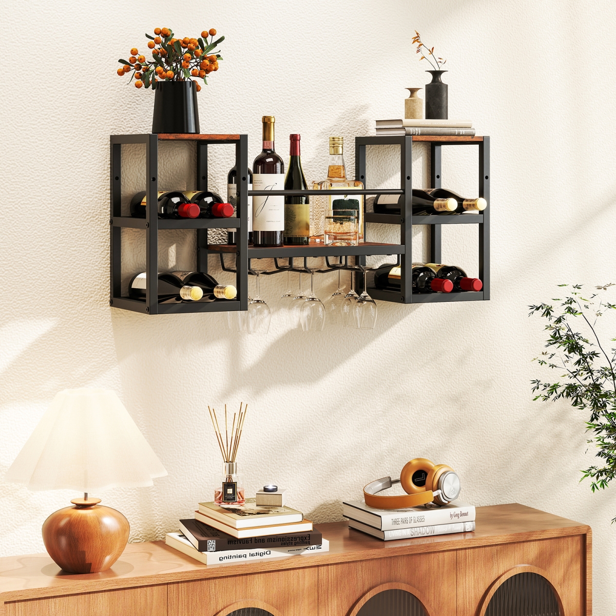 Picture of Costway JV12773CF Heavy-Duty Wall Mounted Wine Rack with Glass Holder Metal Frame 8-Bottle - Rustic Brown